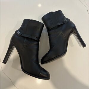 CHANEL Black Leather Ankle Heeled Boots